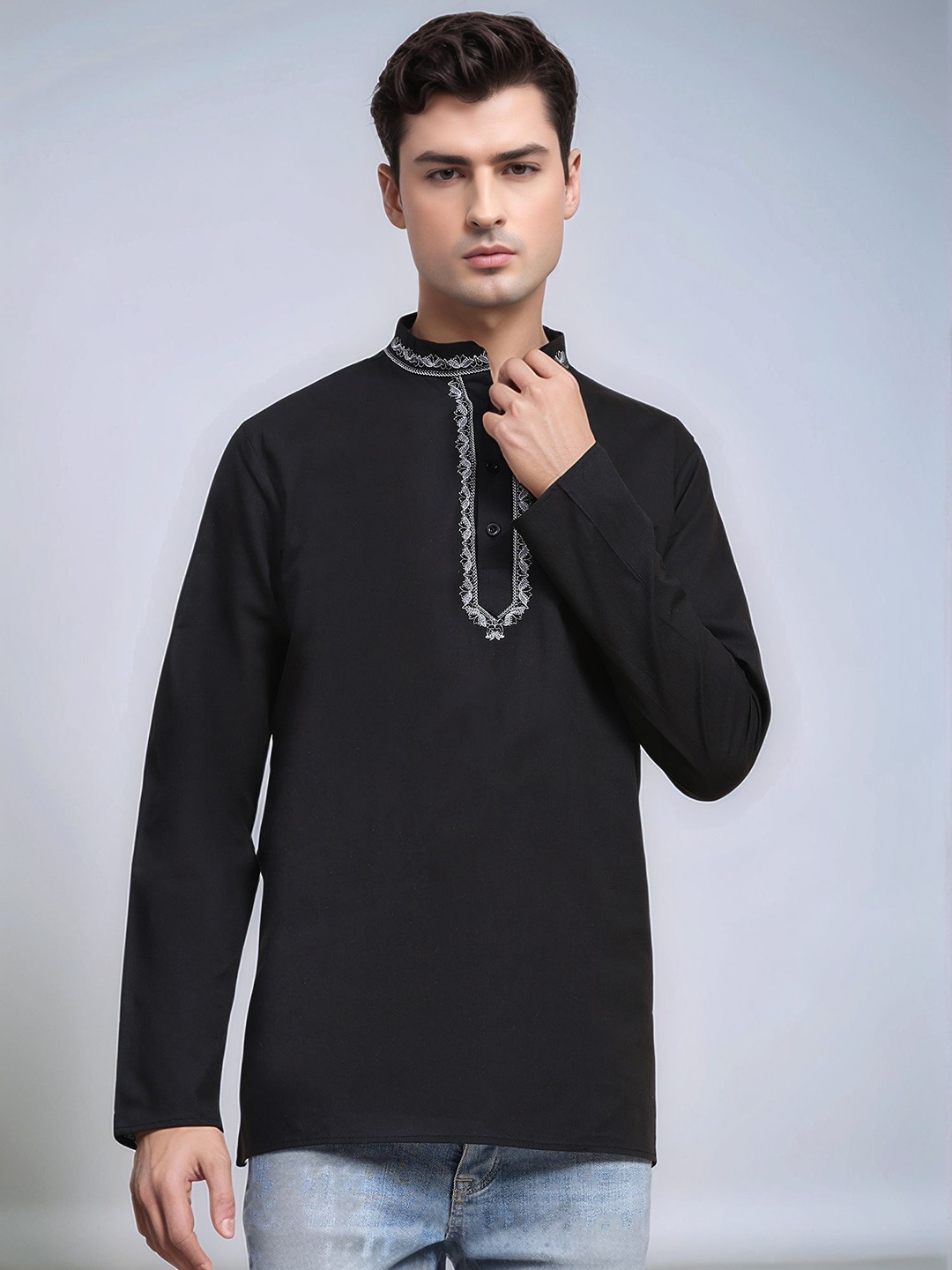 

Moda Rapido Ethnic Motifs Embroidered Cotton Mandarin Collar Short Kurta, Black