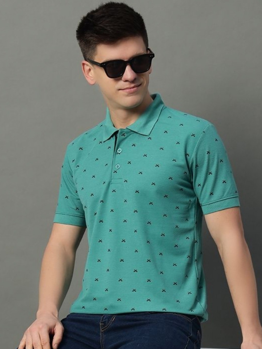 

GET GOLF Men Conversational Printed Polo Collar Cotton T-shirt, Teal