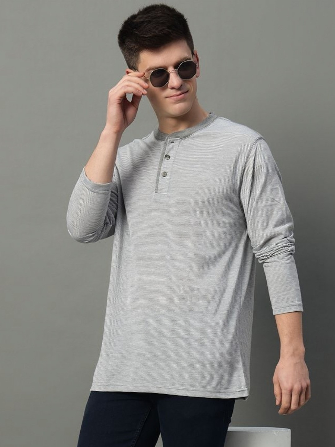 

GET GOLF Men Striped Mandarin Collar Cotton T-shirt, Grey