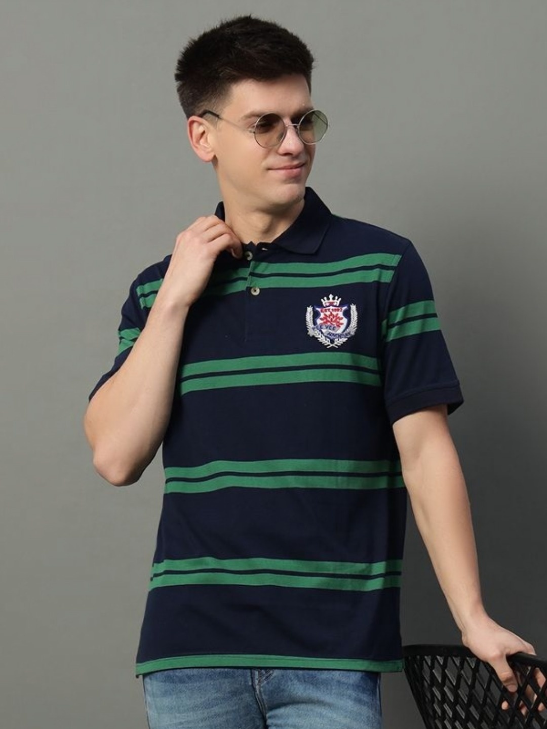 

GET GOLF Men Striped Polo Collar Cotton T-shirt, Navy blue