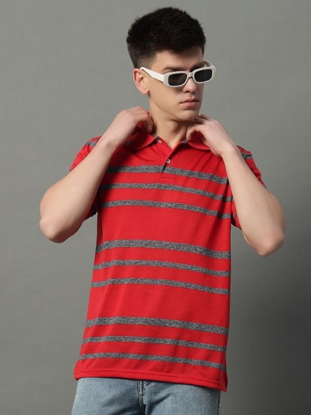 

GET GOLF Men Striped Polo Collar Cotton T-shirt, Red
