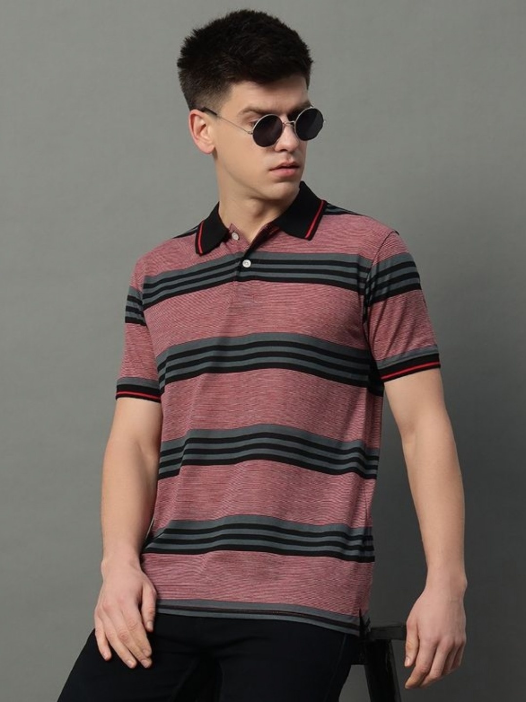 

GET GOLF Men Striped Polo Collar Cotton T-shirt, Pink