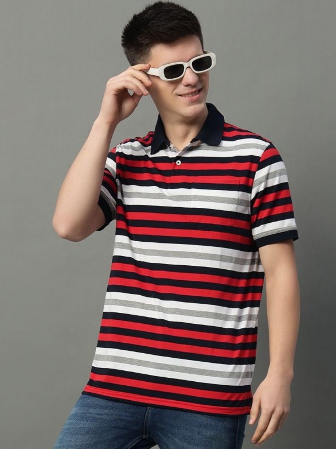 

GET GOLF Men Striped Polo Collar Cotton T-shirt, Red