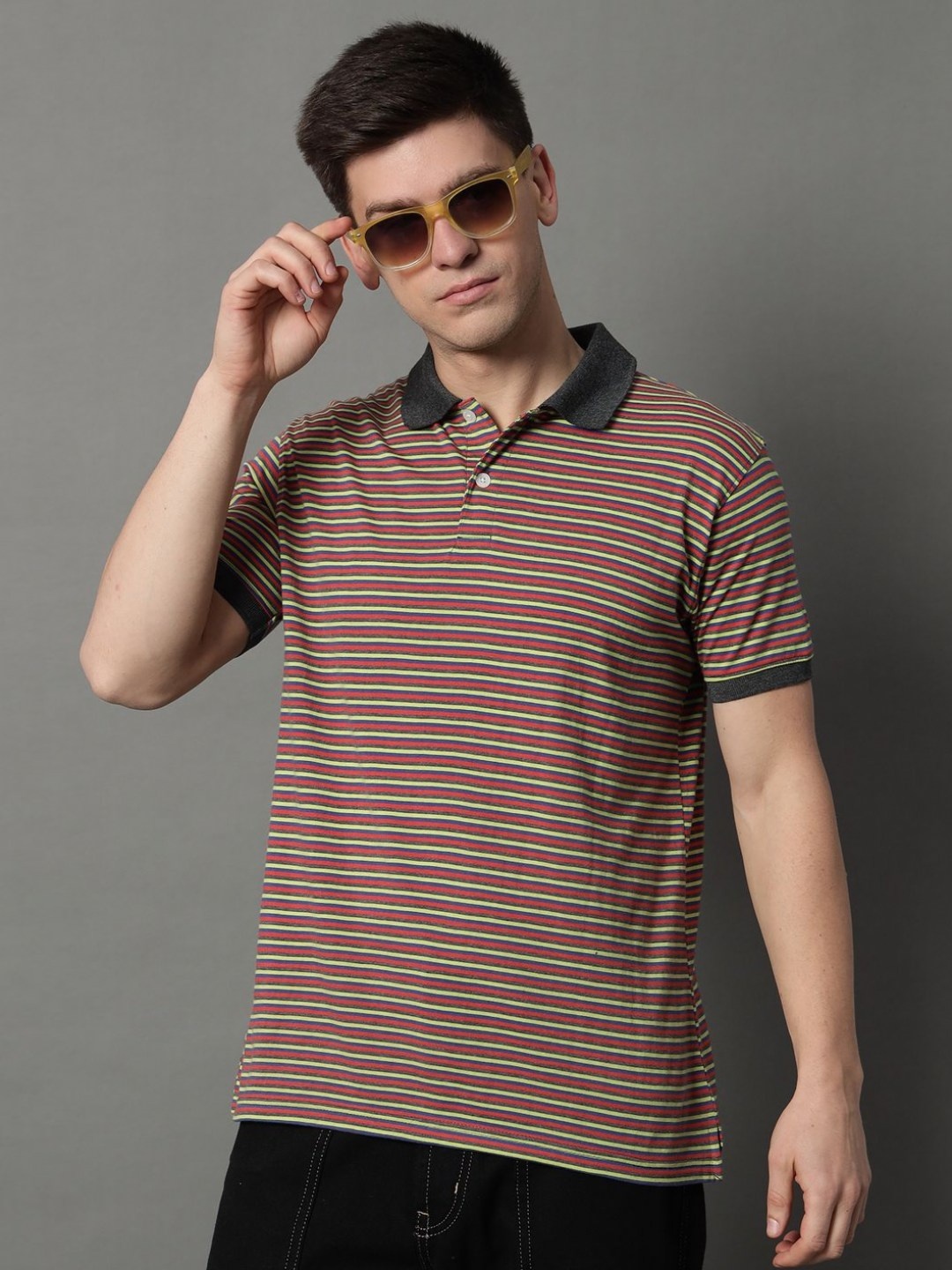

GET GOLF Men Striped Polo Collar Cotton T-shirt, Red