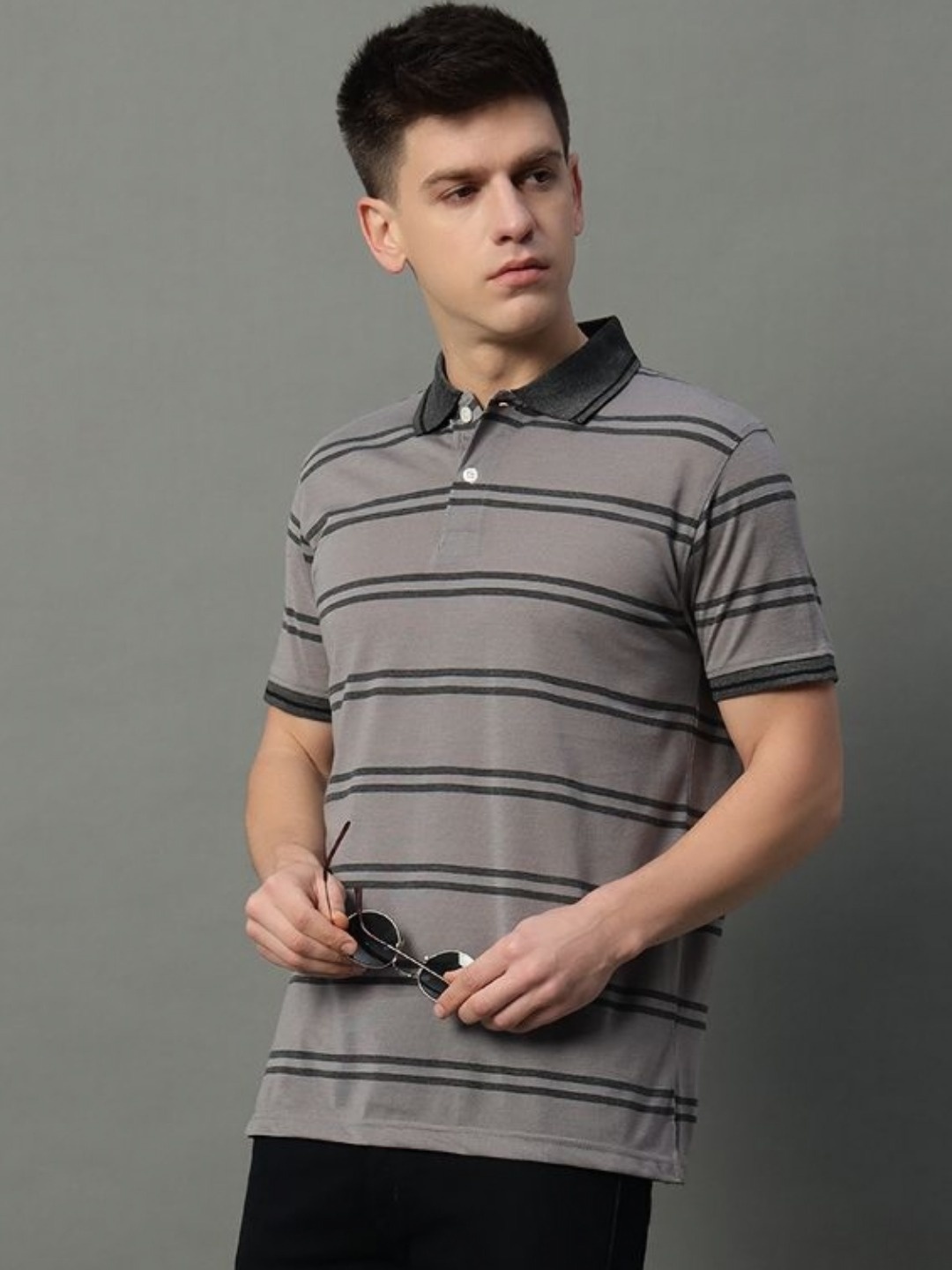

GET GOLF Men Striped Polo Collar Cotton T-shirt, Grey