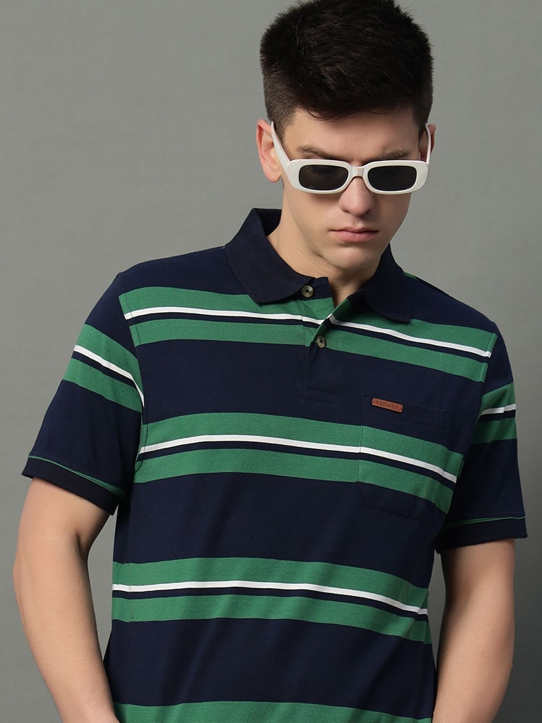 

GET GOLF Men Striped Polo Collar Cotton T-shirt, Navy blue