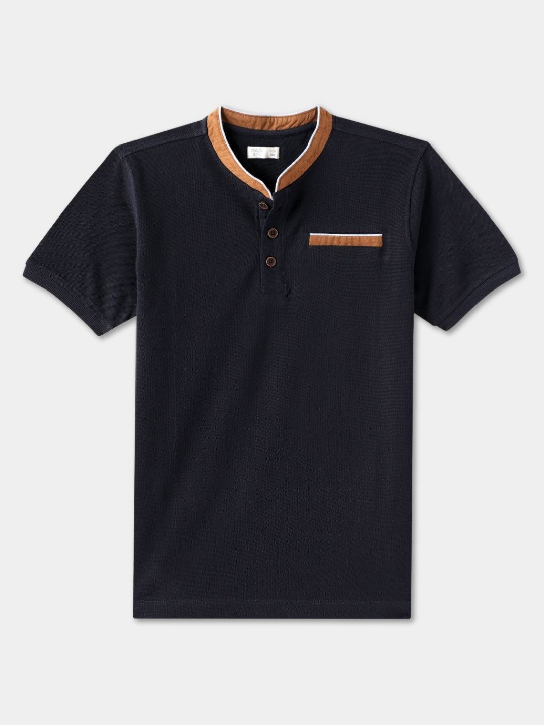 

R&B Boys Solid Mandarin Collar Cotton T-shirt, Navy blue