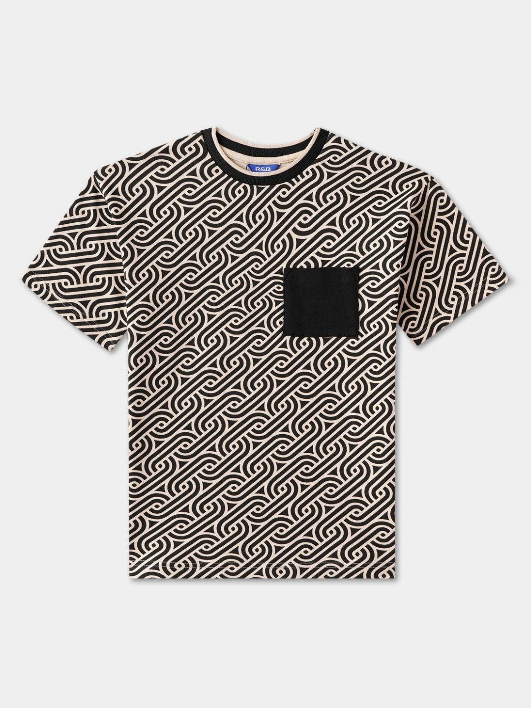 

R&B Boys Geometric Printed Round Neck Cotton T-shirt, Black