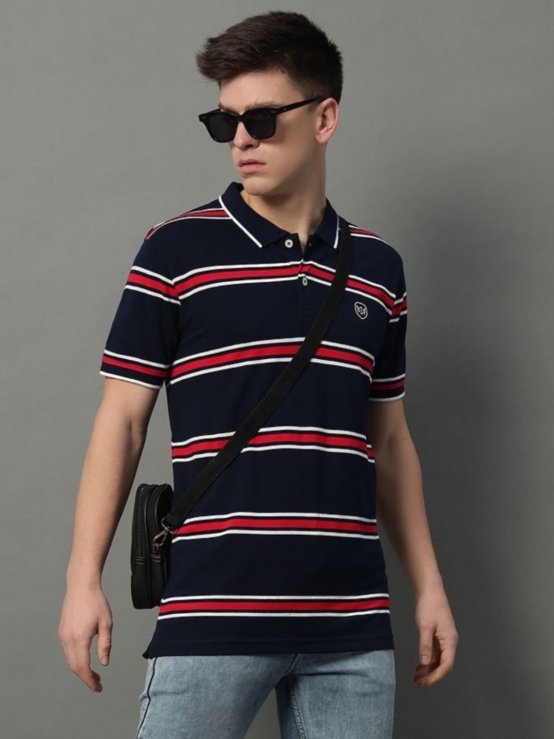 

GET GOLF Men Striped Polo Collar Cotton T-shirt, Navy blue