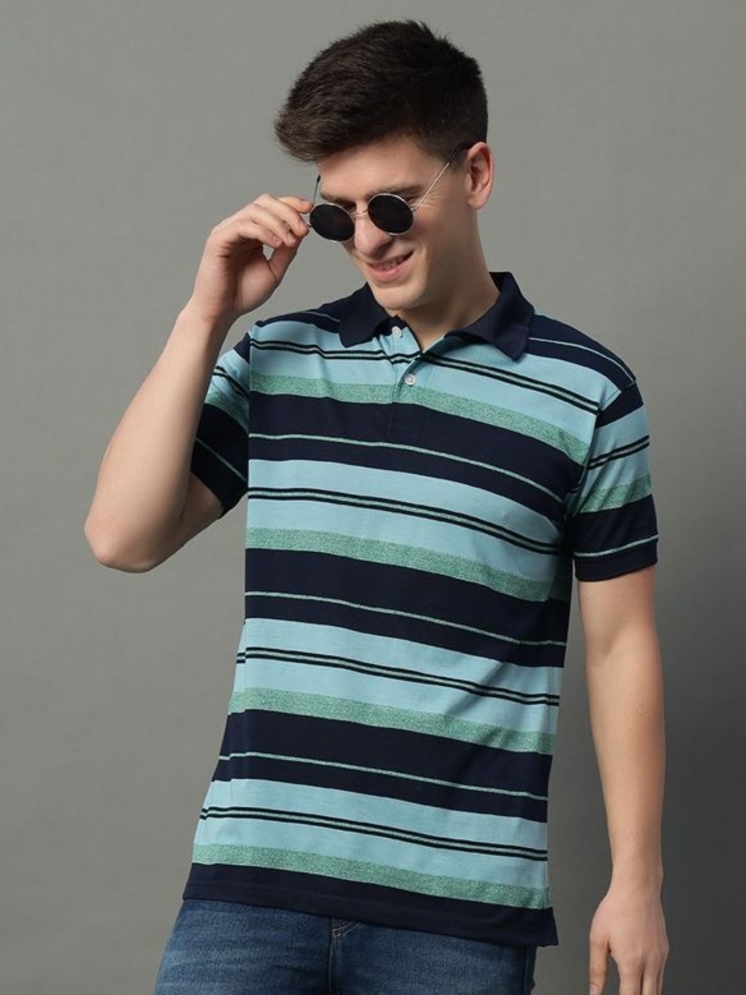 

GET GOLF Men Striped Polo Collar Cotton T-shirt, Navy blue