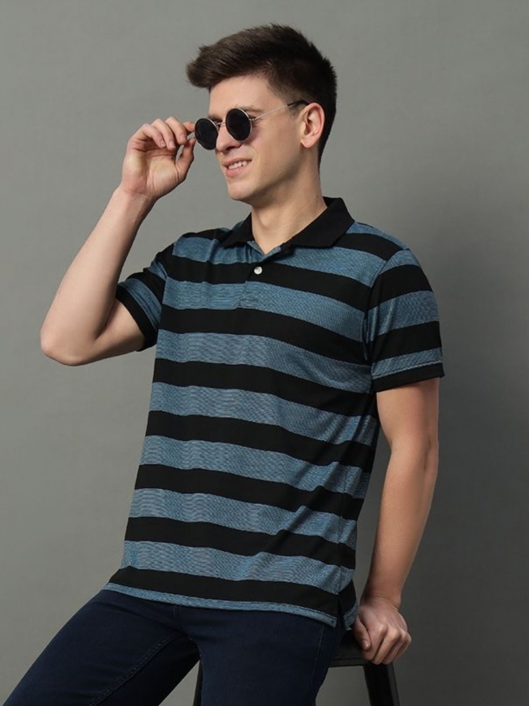 

GET GOLF Men Striped Polo Collar Cotton T-shirt, Black