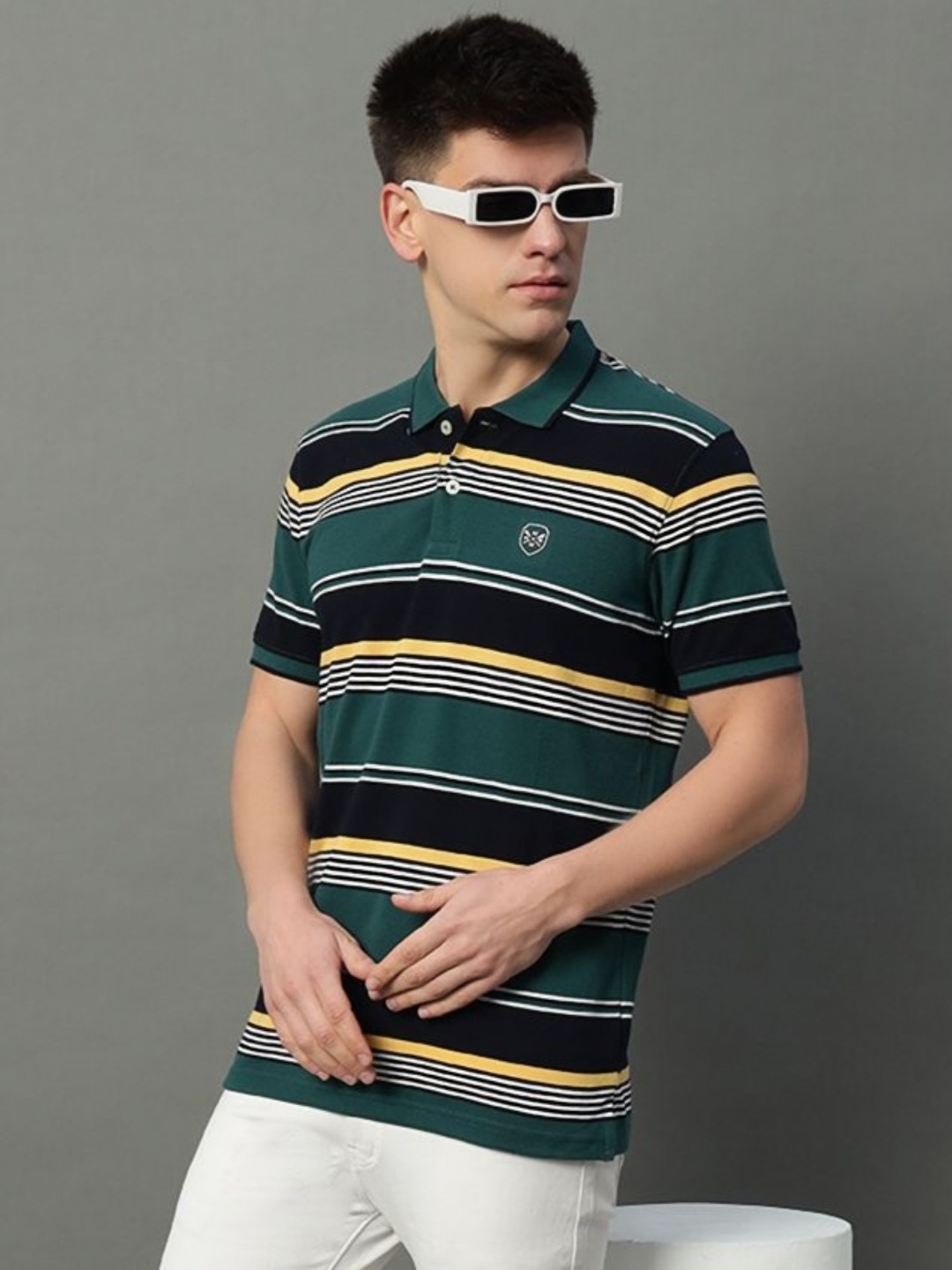 

GET GOLF Men Striped Polo Collar Cotton T-shirt, Green