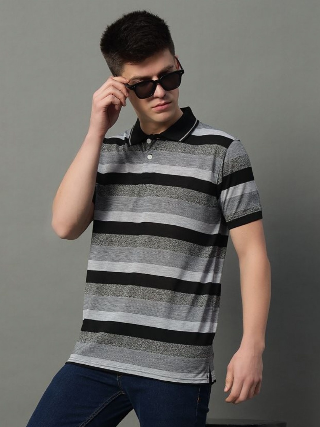 

GET GOLF Men Striped Polo Collar Cotton T-shirt, Grey