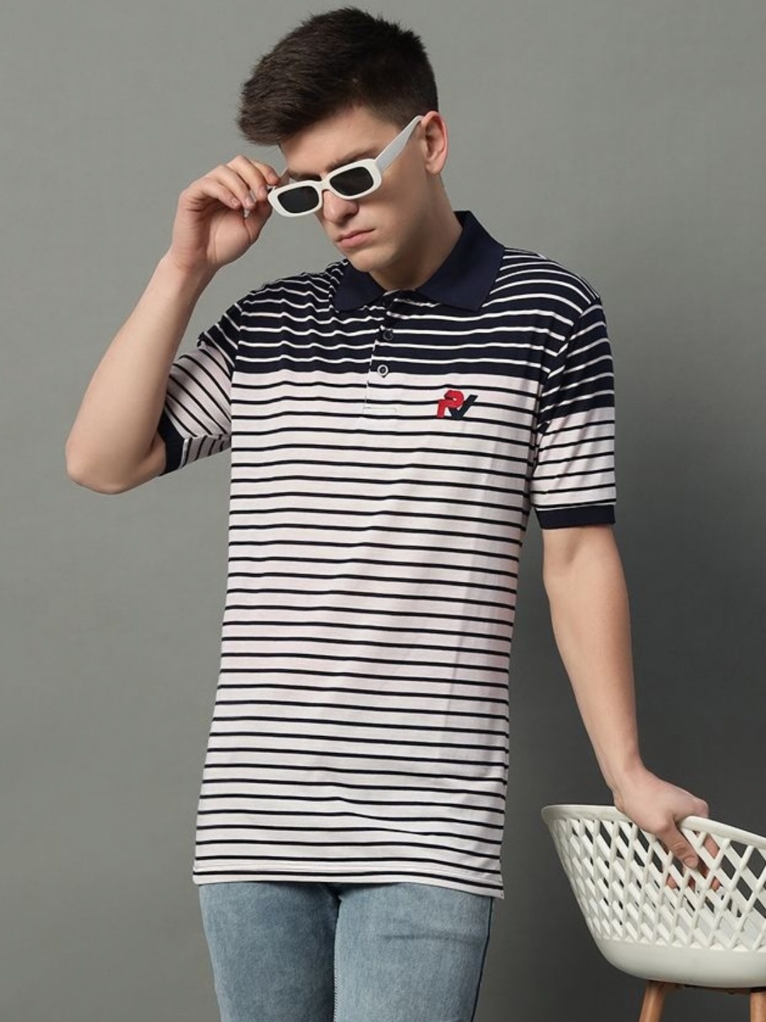 

GET GOLF Men Striped Polo Collar Cotton T-shirt, White