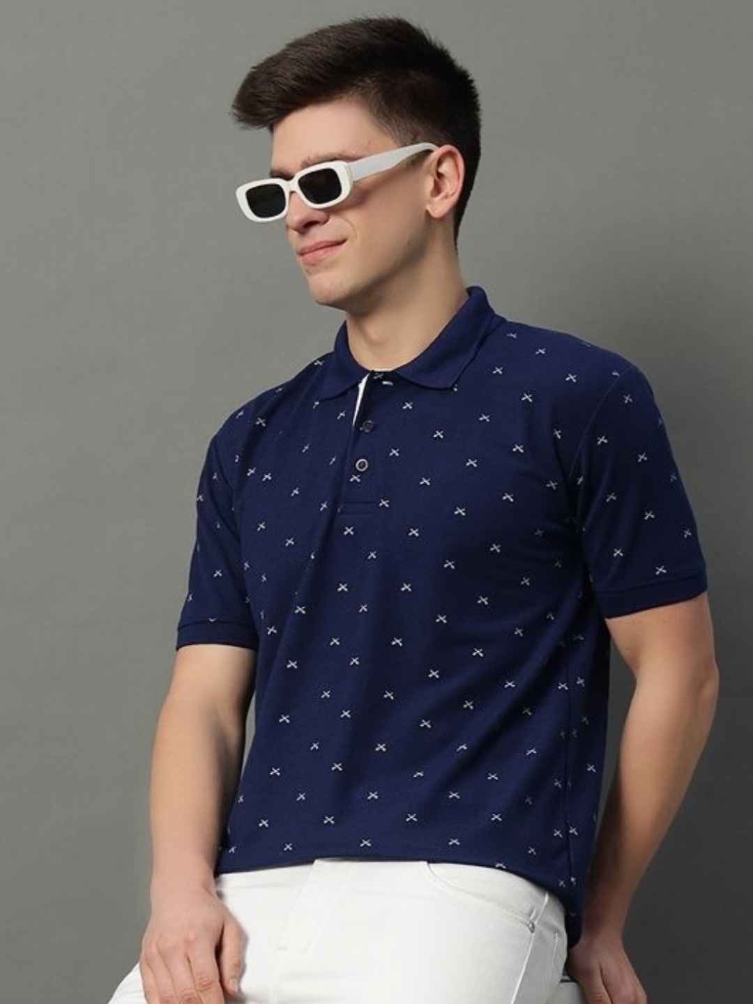

GET GOLF Men Conversational Printed Polo Collar Cotton T-shirt, Navy blue