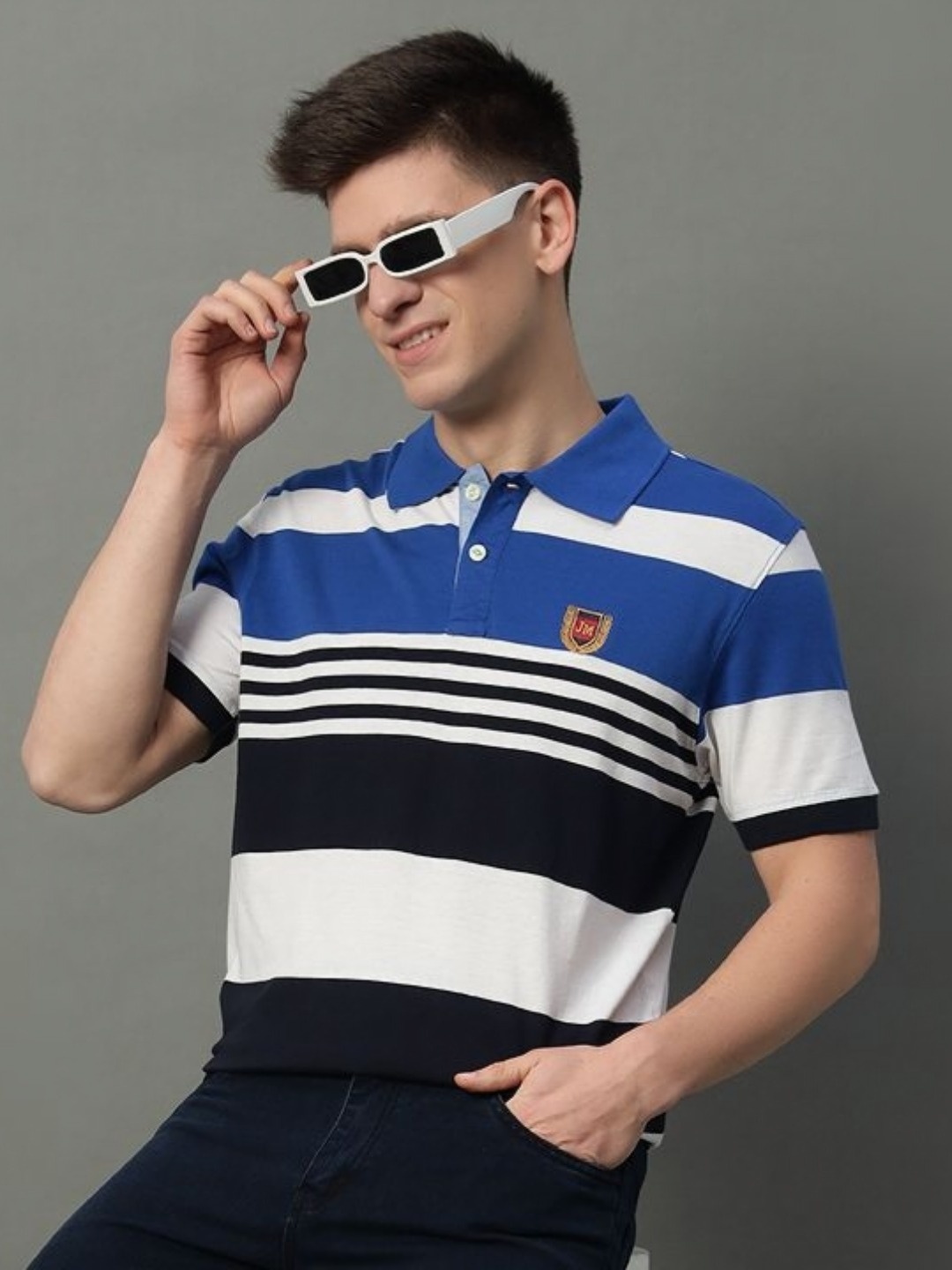 

GET GOLF Men Striped Polo Collar Cotton T-shirt, Blue
