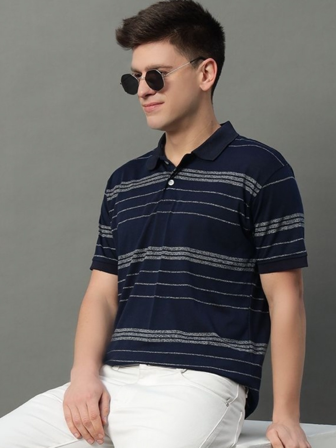 

GET GOLF Men Striped Polo Collar Cotton T-shirt, Navy blue