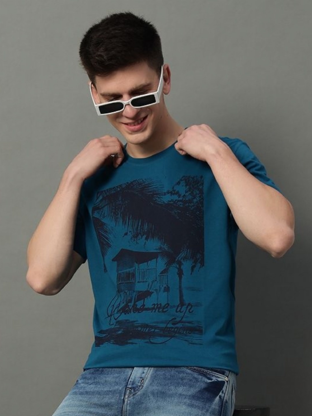 

GET GOLF Men Graphic Printed Round Neck Cotton T-shirt, Teal