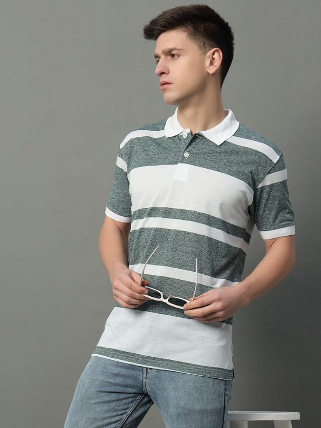 

GET GOLF Men Striped Polo Collar Cotton T-shirt, Grey