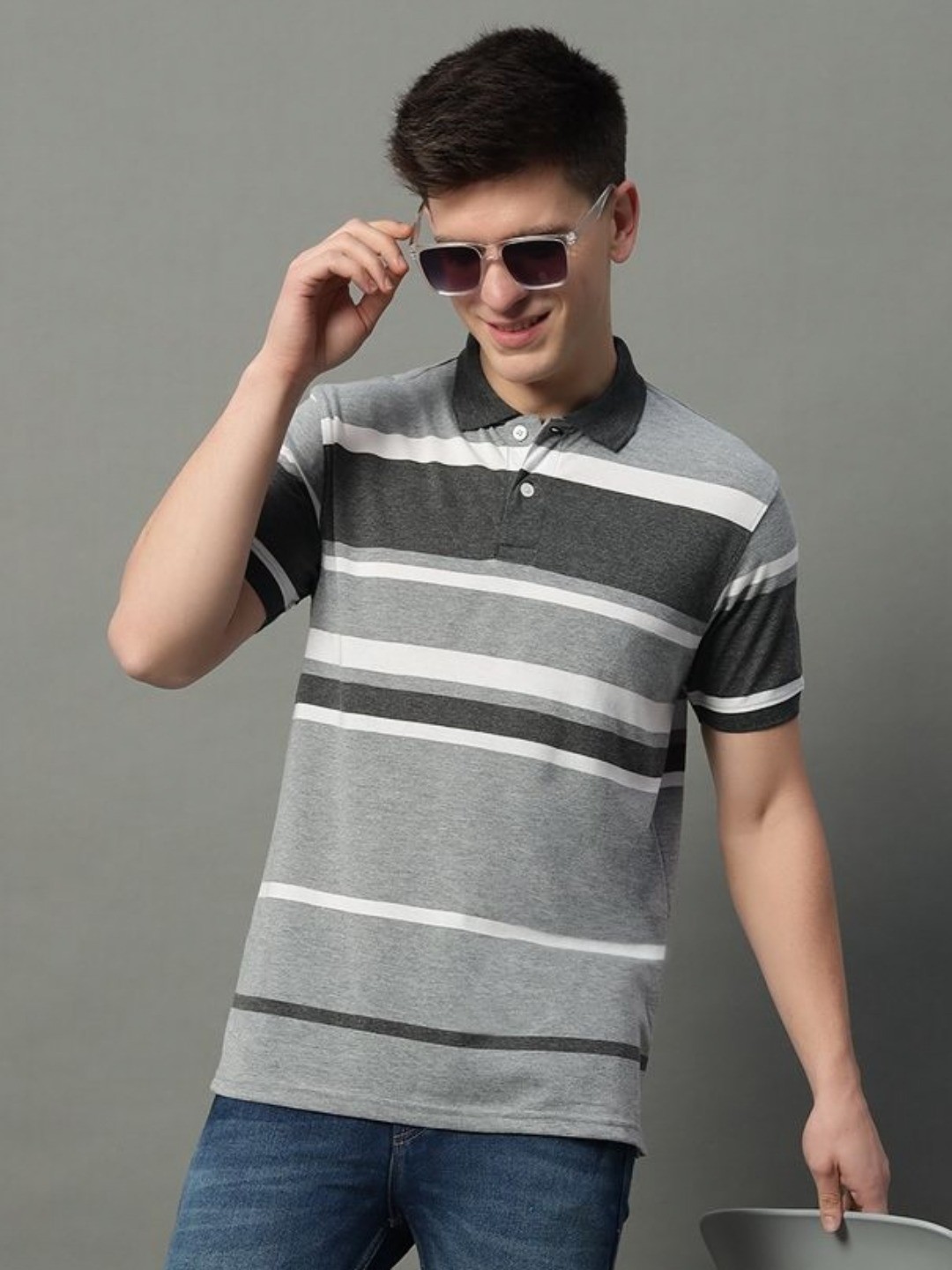 

GET GOLF Men Striped Polo Collar Cotton T-shirt, Grey