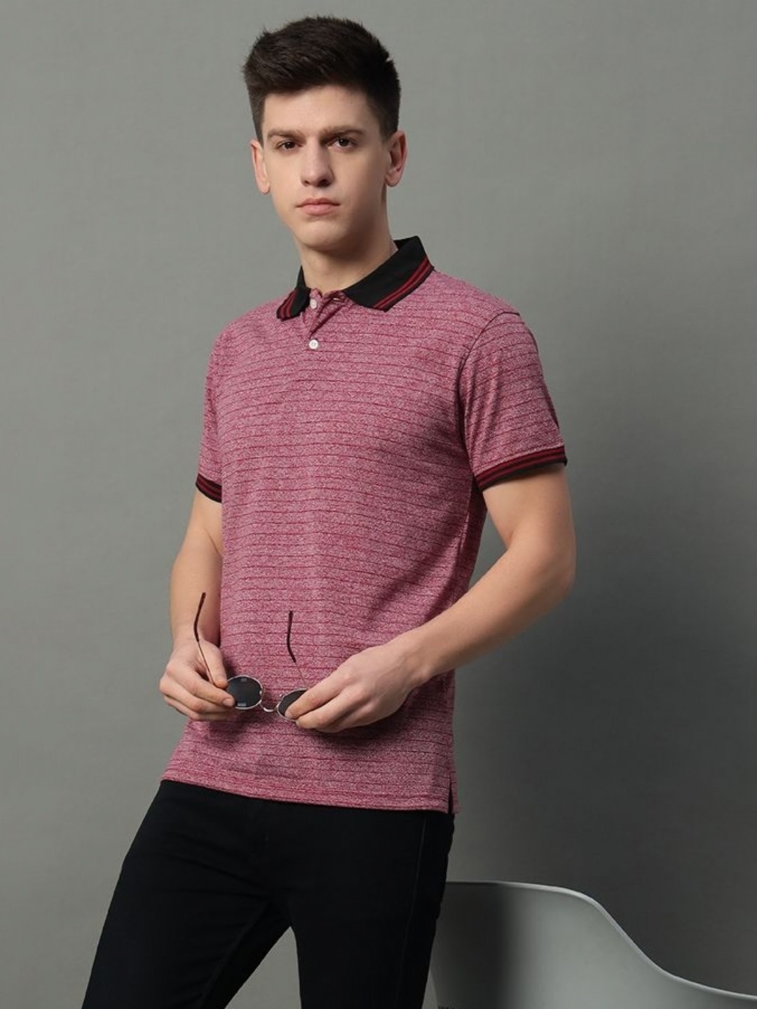 

GET GOLF Men Striped Polo Collar Cotton T-shirt, Peach