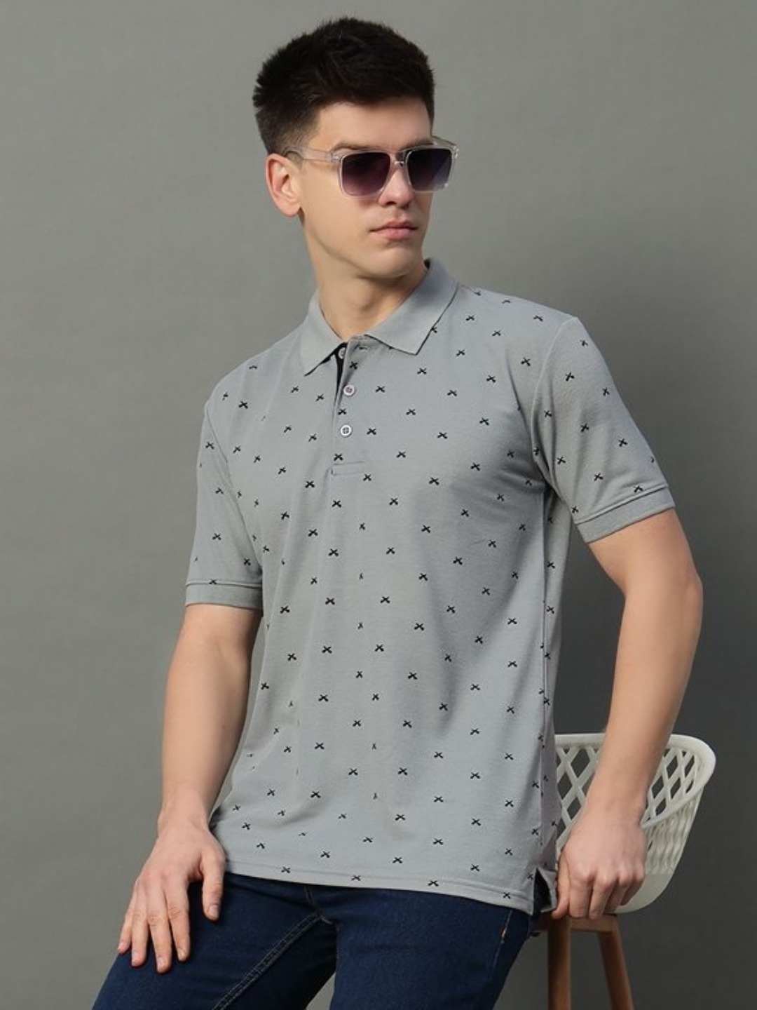 

GET GOLF Men Conversational Printed Polo Collar Cotton T-shirt, Grey