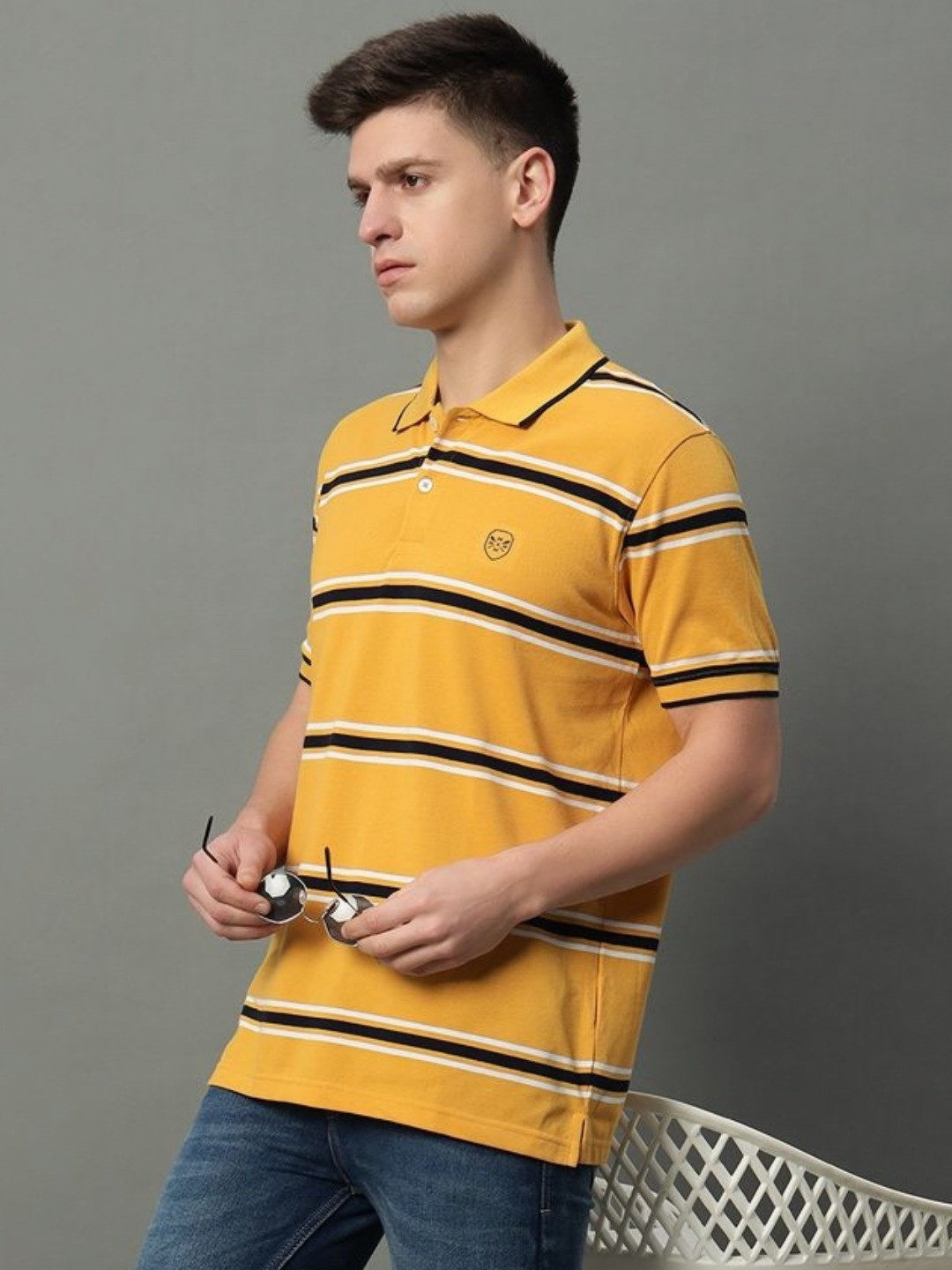 

GET GOLF Men Striped Polo Collar Cotton T-shirt, Mustard