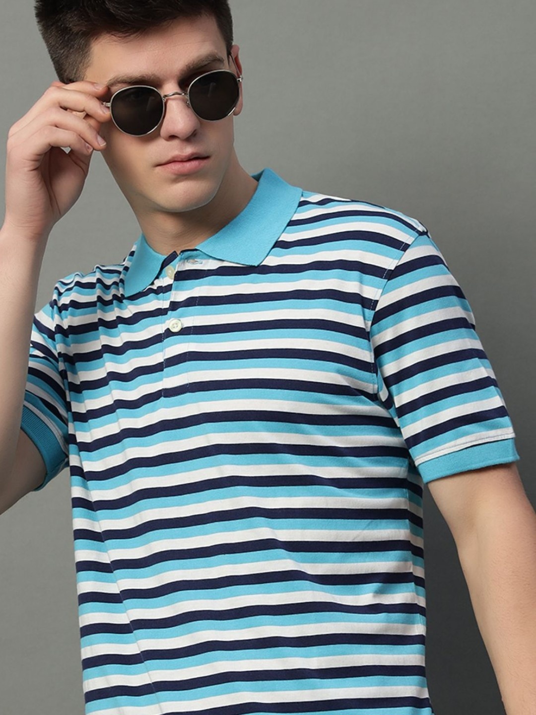 

GET GOLF Men Striped Polo Collar Cotton T-shirt, Turquoise blue