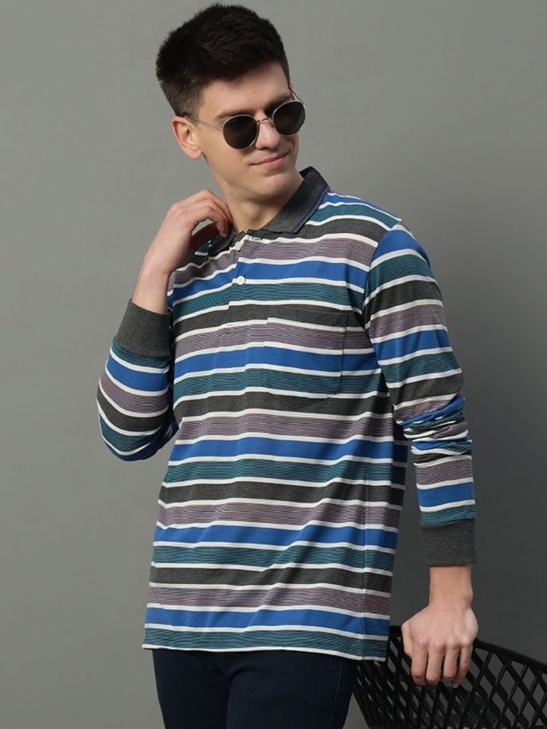 

GET GOLF Men Striped Polo Collar Cotton T-shirt, Blue