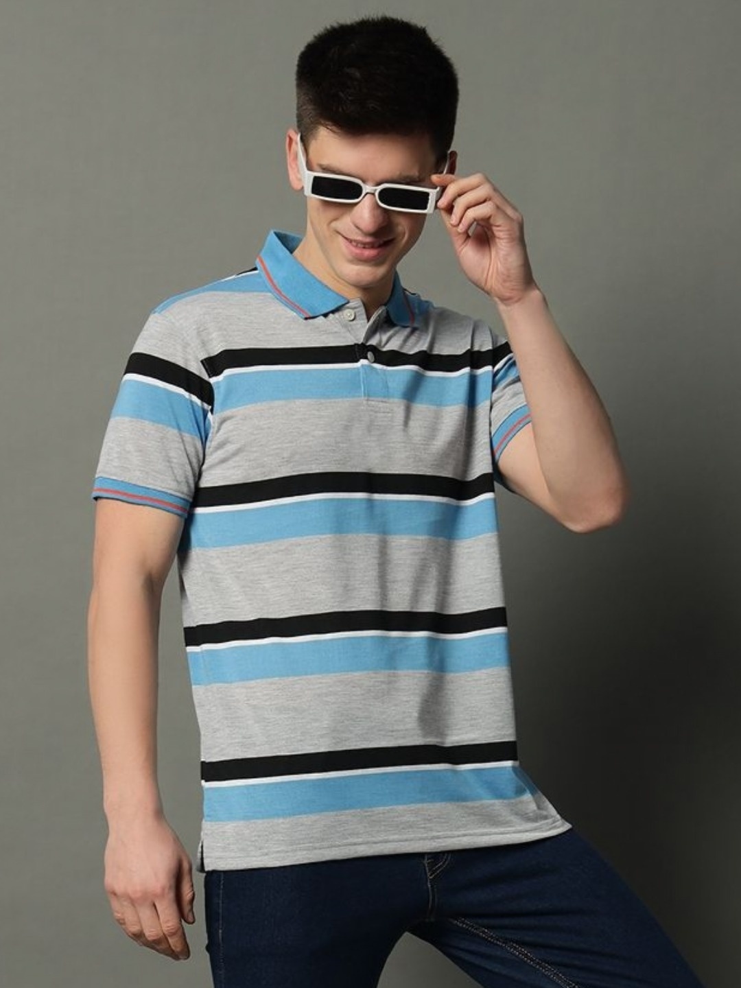 

GET GOLF Men Striped Polo Collar Cotton T-shirt, Grey