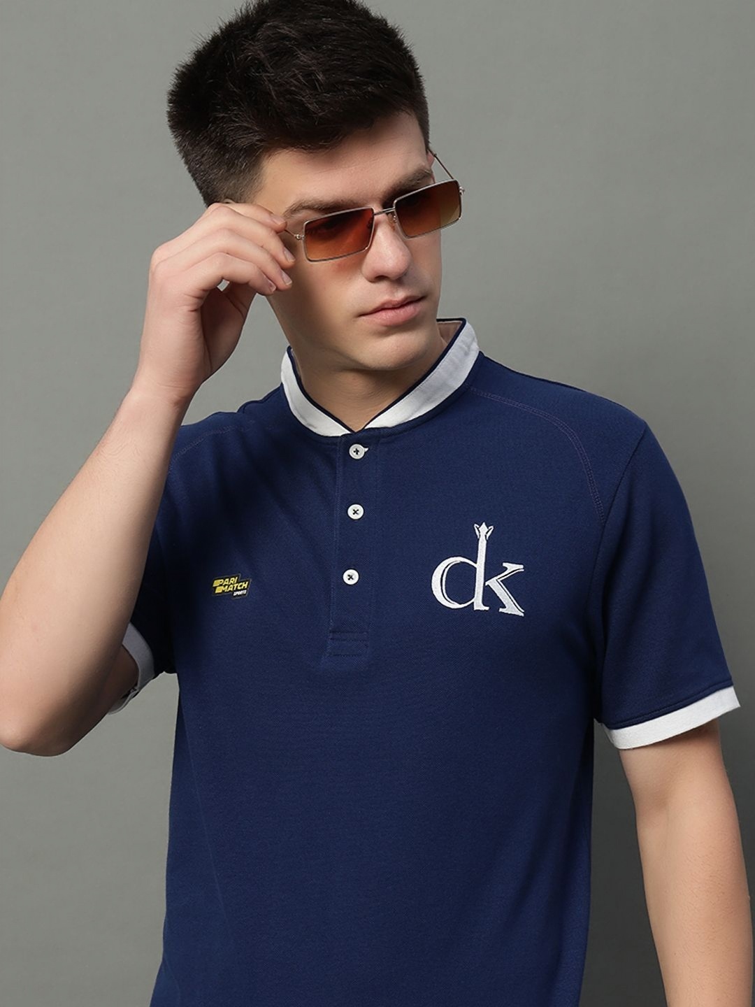 

GET GOLF Men Typography Printed Mandarin Collar Cotton T-shirt, Navy blue