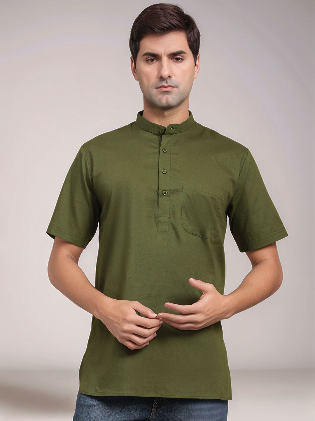 

Moda Rapido Mandarin Collar Pure Cotton Straight Kurta, Olive