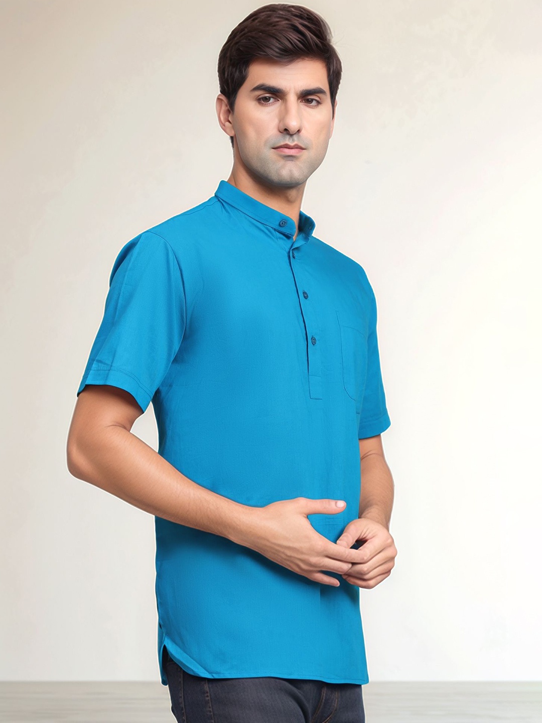 

Moda Rapido Mandarin Collar Pure Cotton Straight Kurta, Turquoise blue