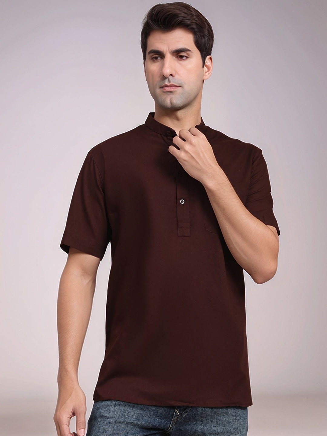 

Moda Rapido Cotton Mandarin Collar Short Kurta, Brown