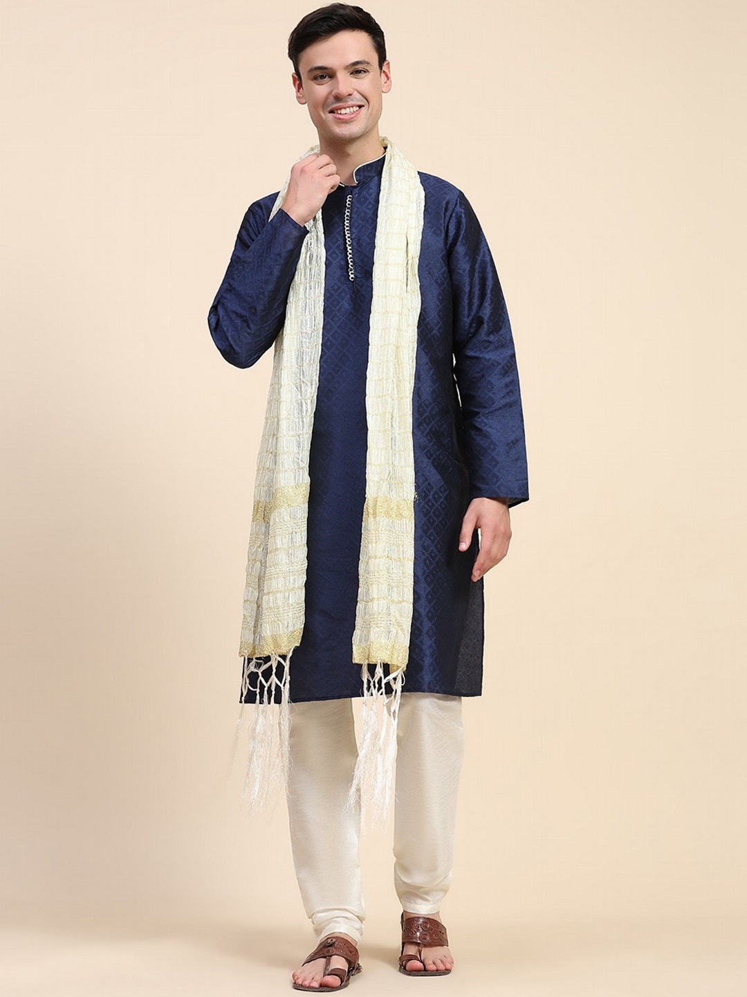 

Moda Rapido Woven Design Mandarin Collar Straight Kurta With Pyjama & Dupatta, Blue