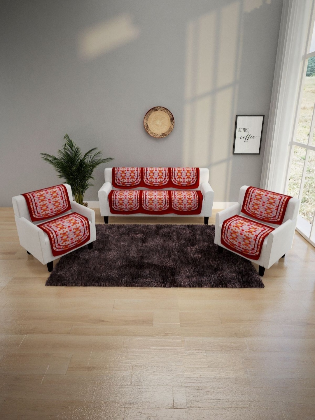 Aura Red & White 6 Pieces Ethnic Motifs Printed 5-Seater Sofa Covers