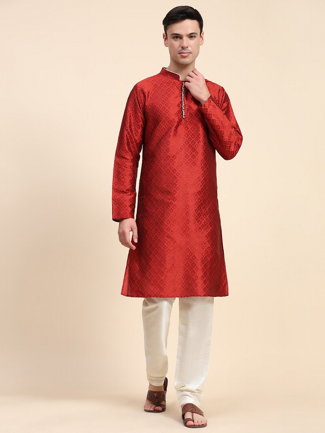 

Moda Rapido Geometric Printed Mandarin Collar Thread Work Kurta With Pyjamas And Dupatta, Red