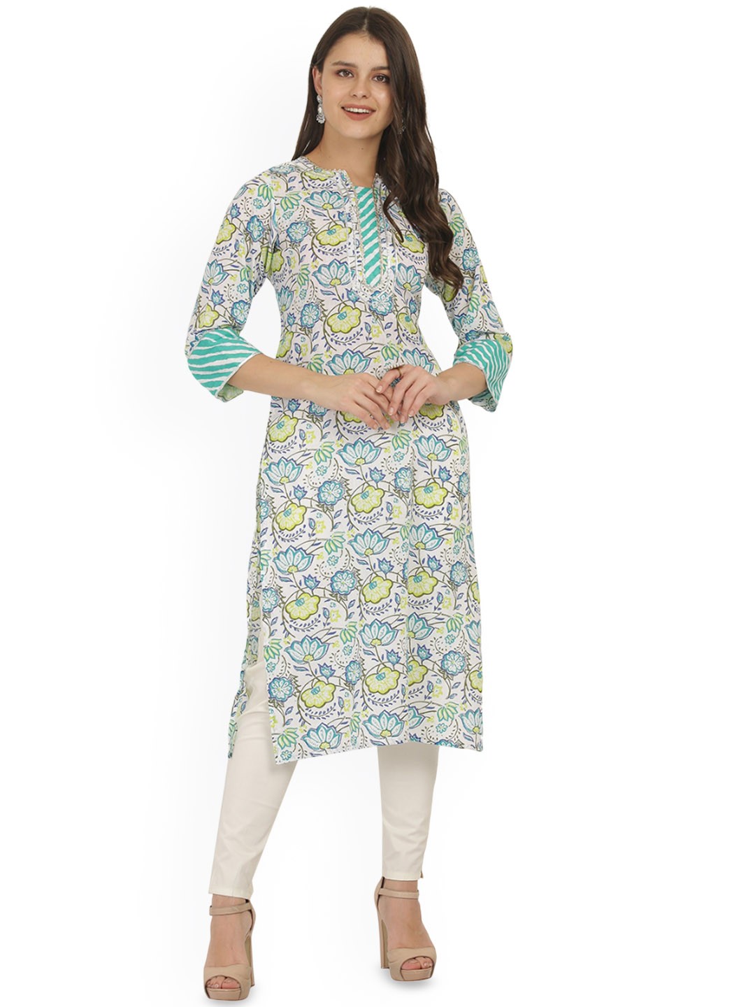 

Jivitha Floral Printed Cotton Round Neck Straight Kurta, White
