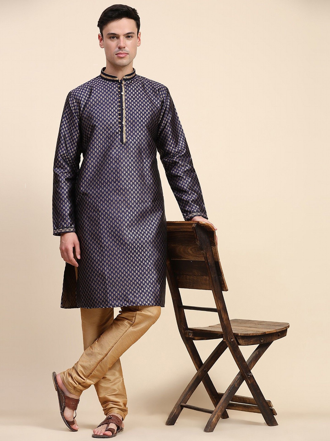 

Moda Rapido Ethnic Motifs Printed Mandarin Collar Stones & Beads Work Kurta With Pyjamas, Blue