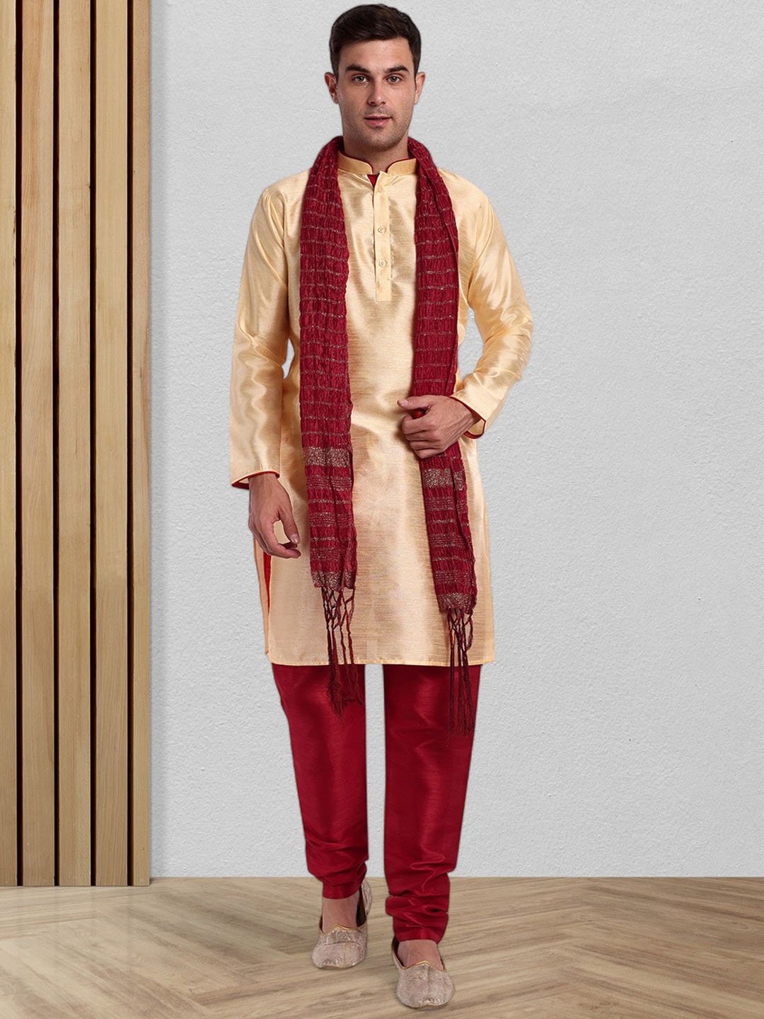 

Moda Rapido Mandarin Collar Kurta With Pyjamas And Dupatta, Gold