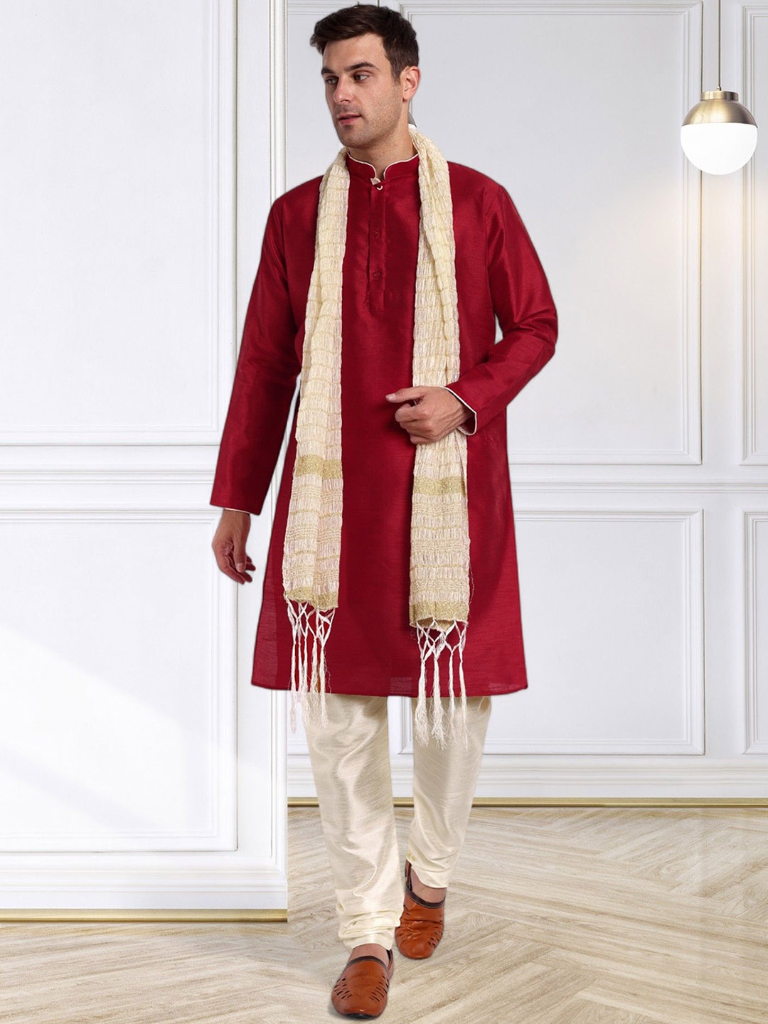 

Moda Rapido Woven Design Mandarin Collar Straight Kurta With Pyjama & Dupatta, Red