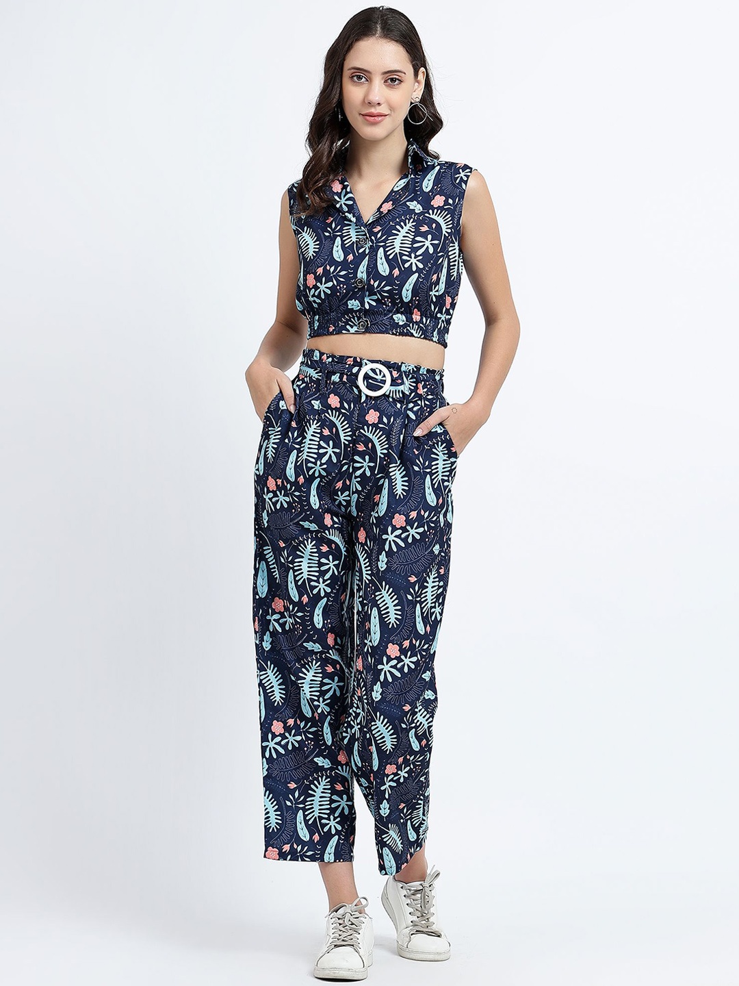 

STITCH MONKEY Leaves Printed Crop Top With Pants, Blue