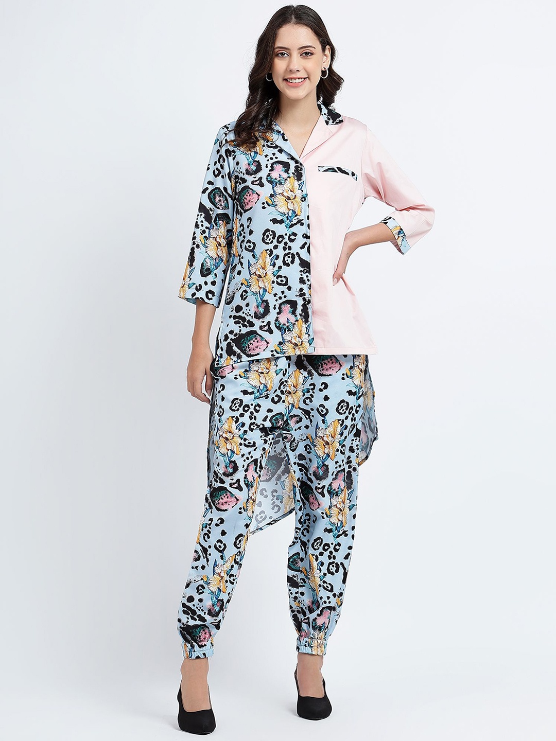 

STITCH MONKEY Yellow Flower Co-Ord With High Low Shirts And Joggers, Blue