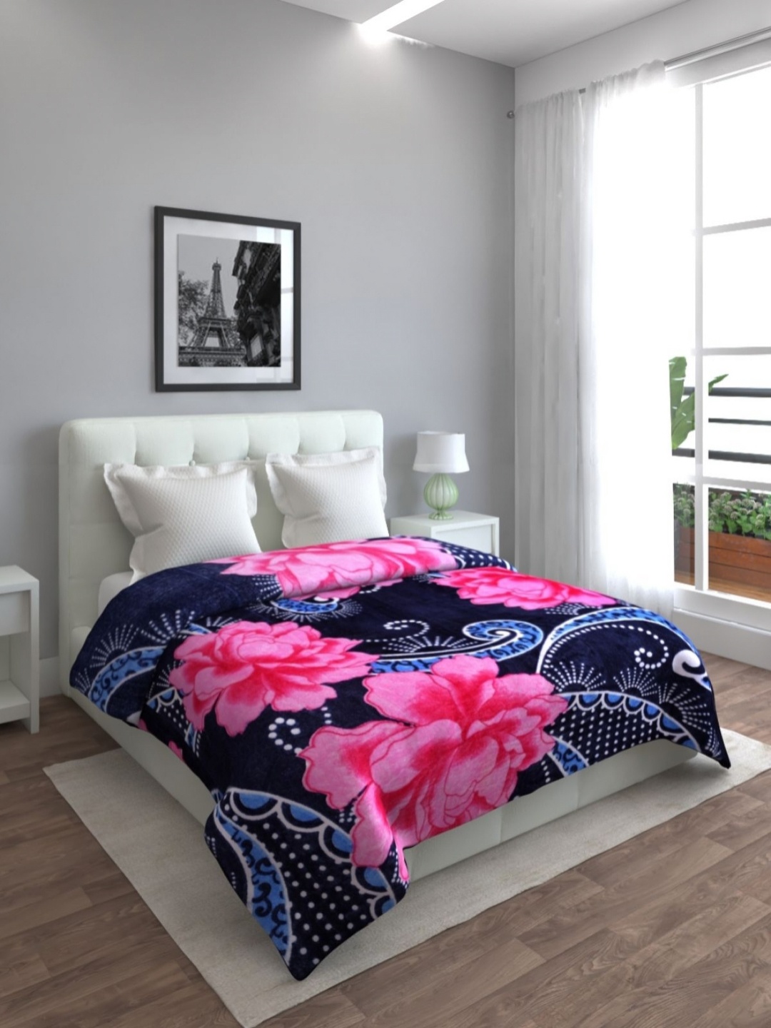 

Aura Blue & Pink Floral Mink Heavy Winter 550 GSM Double Bed Blanket