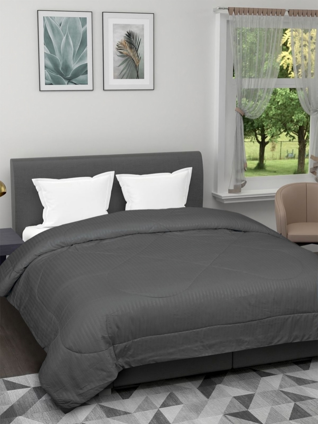 

Aura Grey Striped AC Room 150 GSM Double Bed Comforter