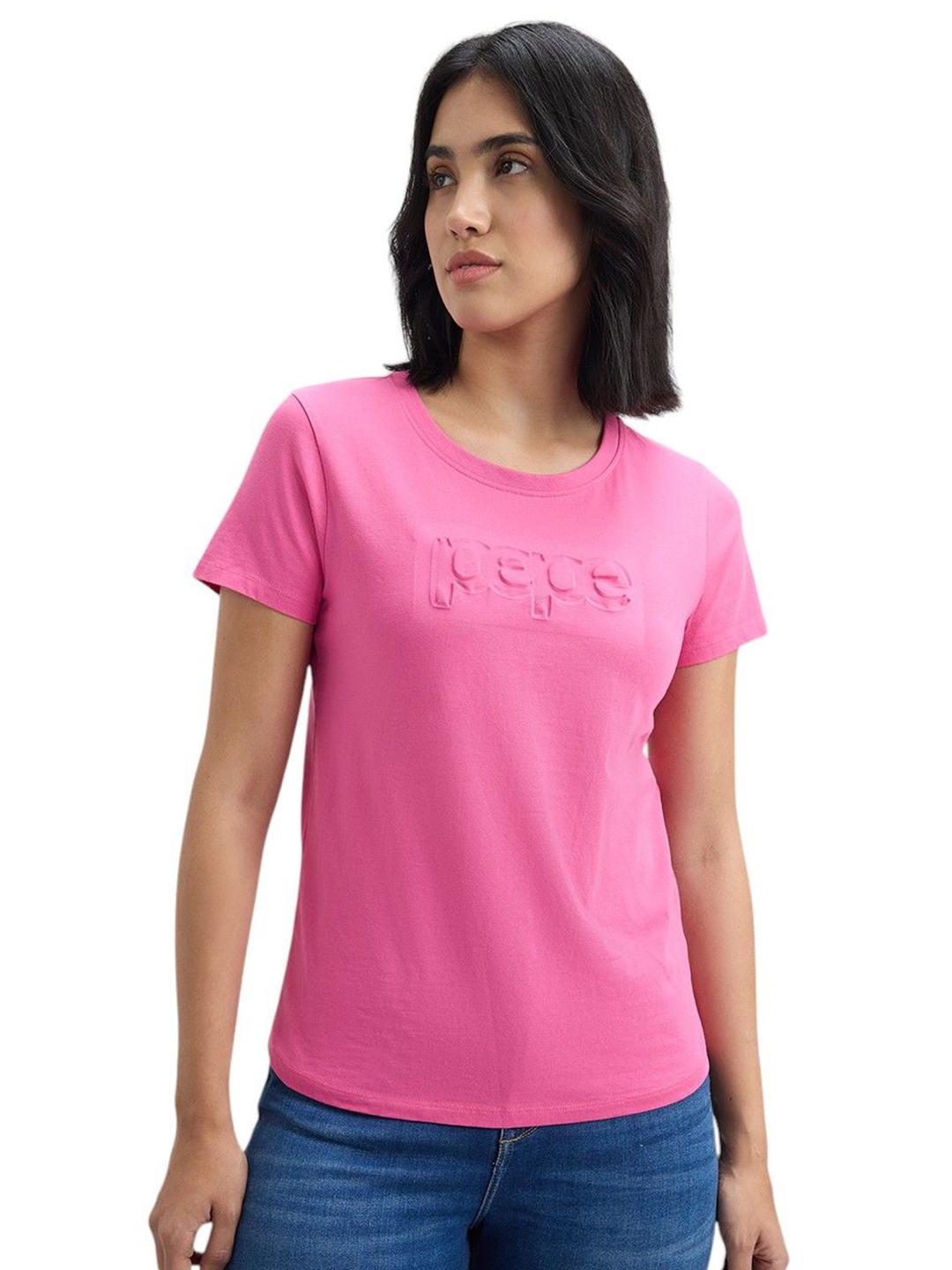 

Pepe Jeans Women Typography Printed Round Neck Cotton T-shirt, Pink