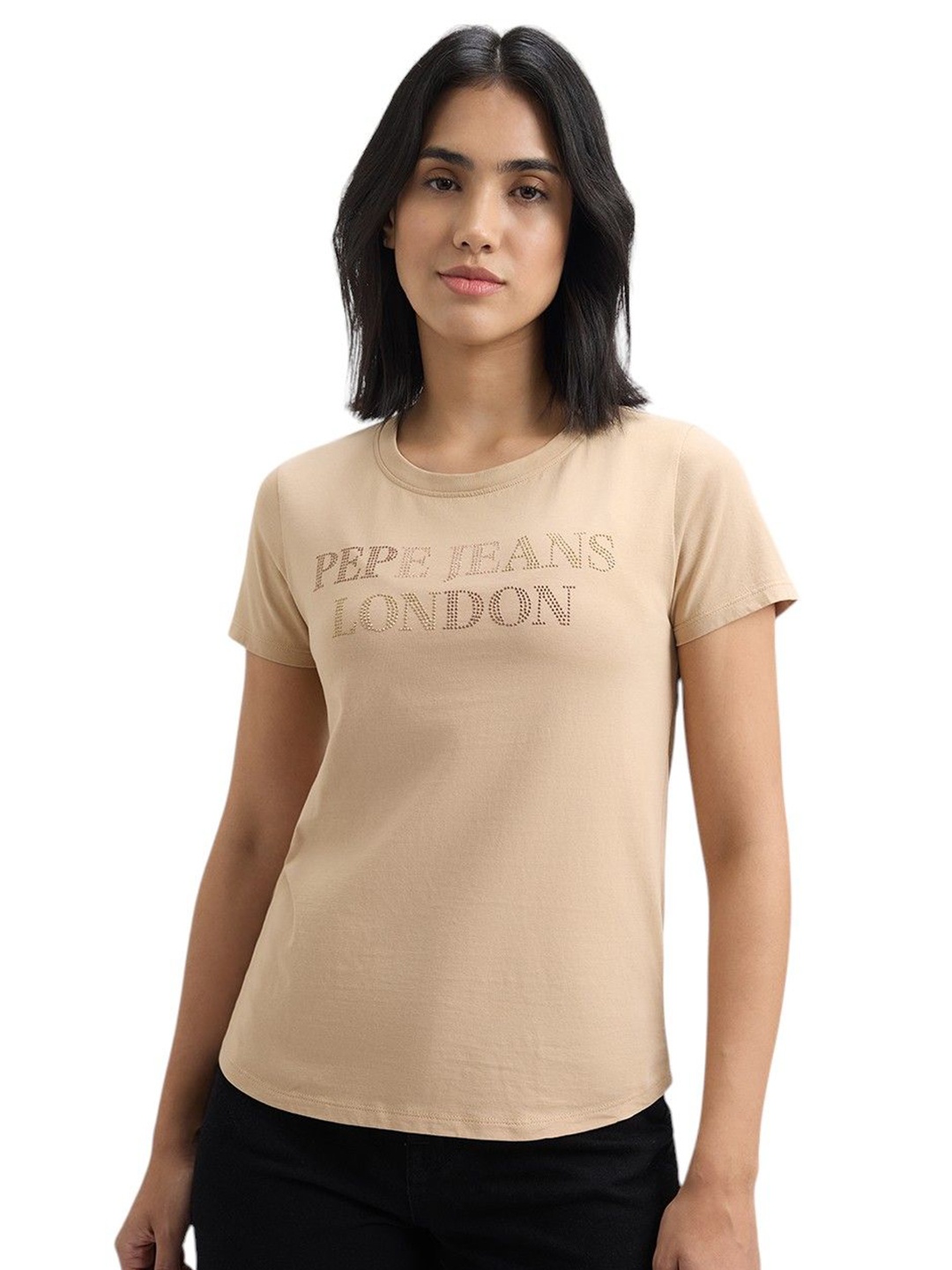 

Pepe Jeans Women Typography Printed Round Neck Cotton T-shirt, Beige