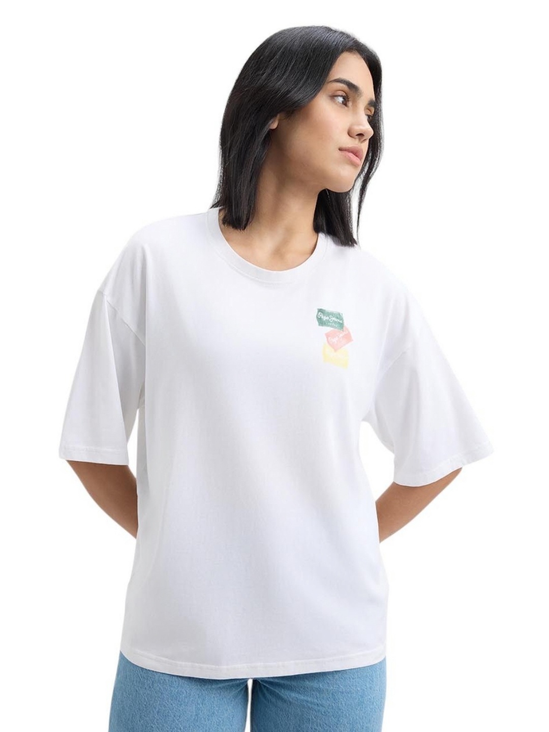 

Pepe Jeans Women Graphic Printed Round Neck Cotton Relaxed Fit T-shirt, White