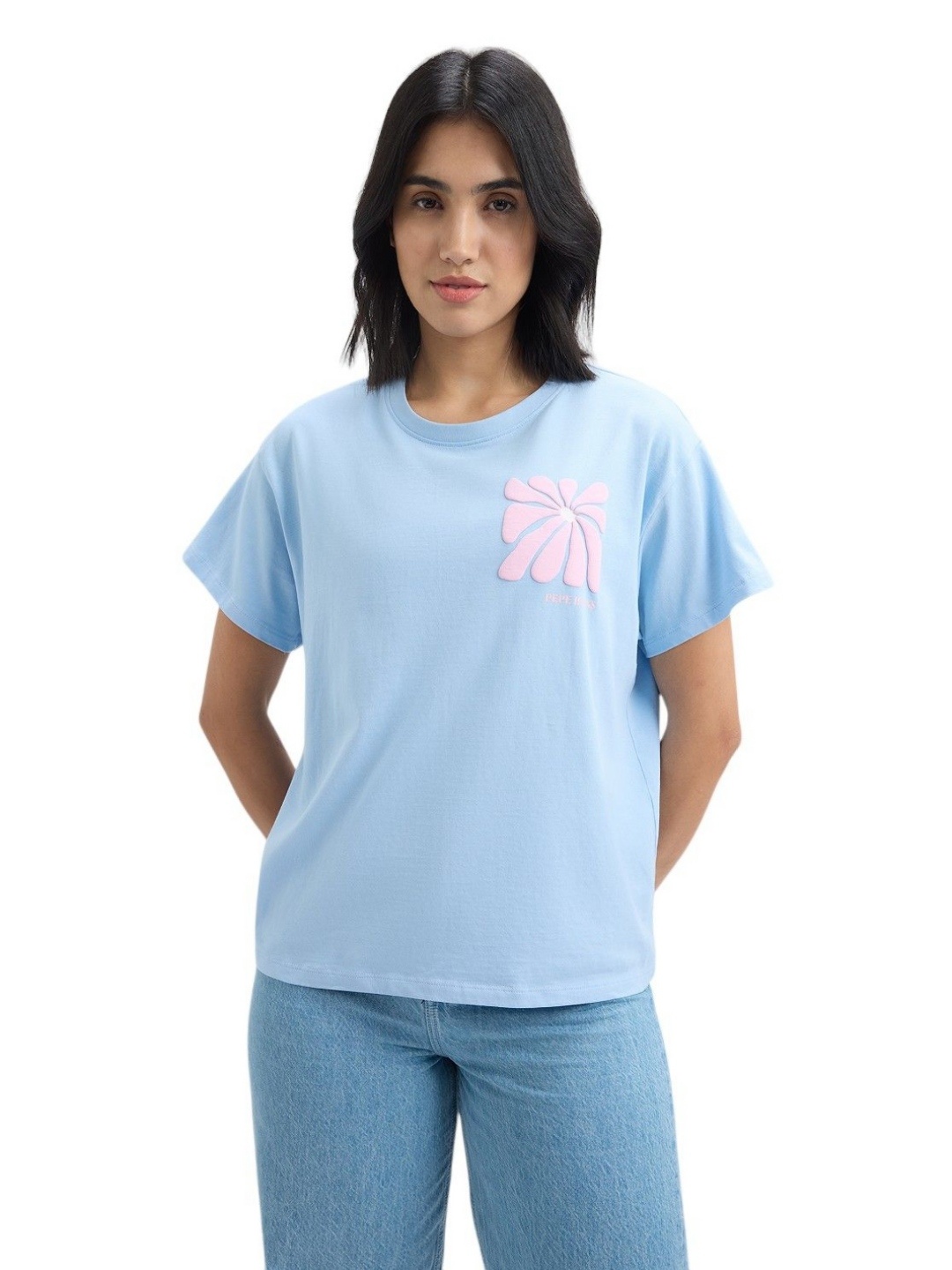 

Pepe Jeans Women Graphic Printed Round Neck Cotton T-shirt, Blue