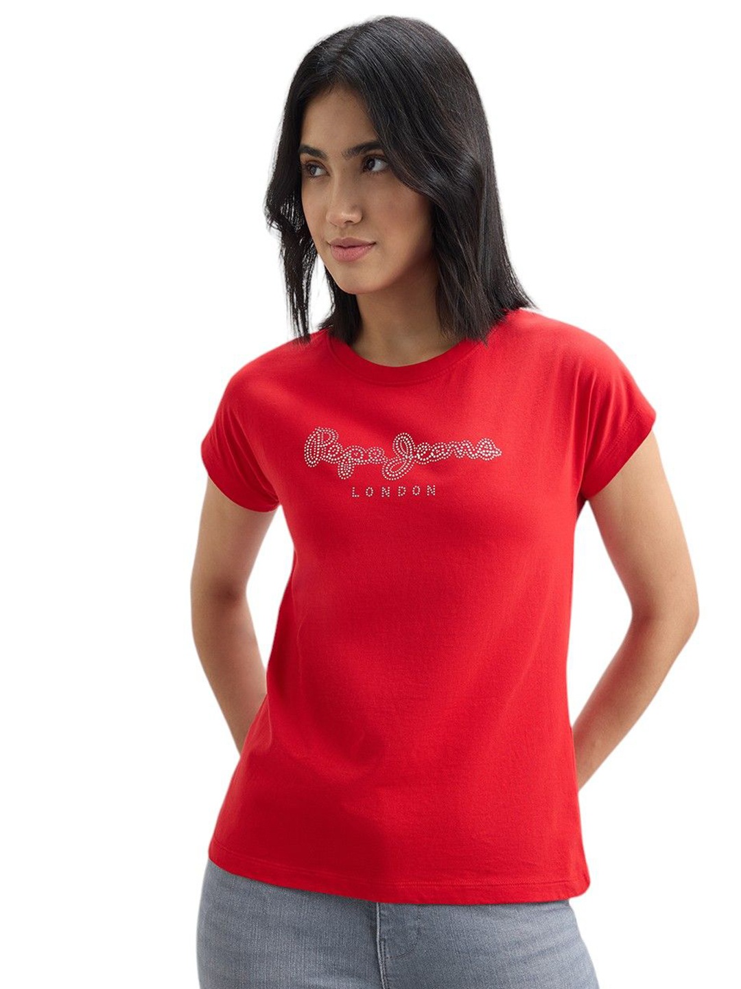 

Pepe Jeans Women Typography Printed Round Neck Cotton T-shirt, Red